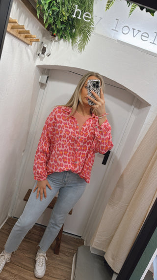 Musselin Bluse oversize leo pink kurz