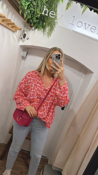 Musselin Bluse oversize leo pink kurz