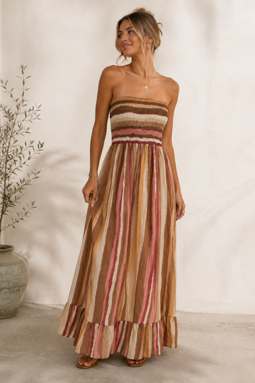 Musselin-Maxi Kleid mit Streifen beige