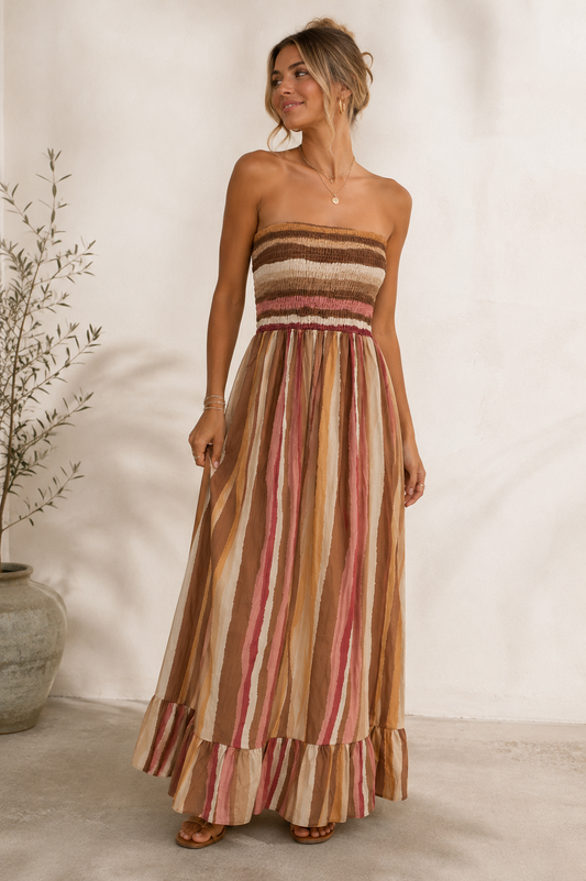 Musselin-Maxi Kleid mit Streifen beige