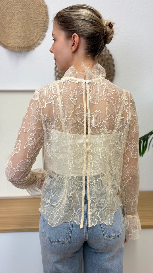 Spitzen Oberteil mit hohem Kragen und Blumenmuster