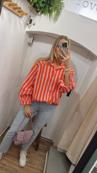 Musselin Bluse oversize gestreift rosa/orange