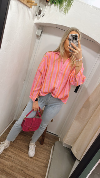 Musselin Bluse oversize gestreift rosa/pink/orange