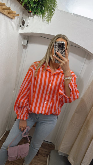 Musselin Bluse oversize gestreift rosa/orange