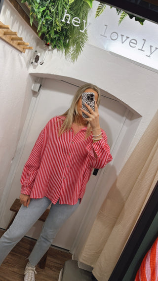 Musselin Bluse oversize gestreift rot/rosa