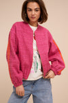 Pinke Bouclé-Bomberjacke mit Streifen