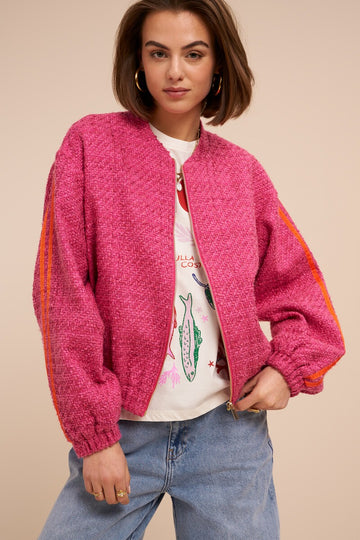 Pinke Bouclé-Bomberjacke mit Streifen