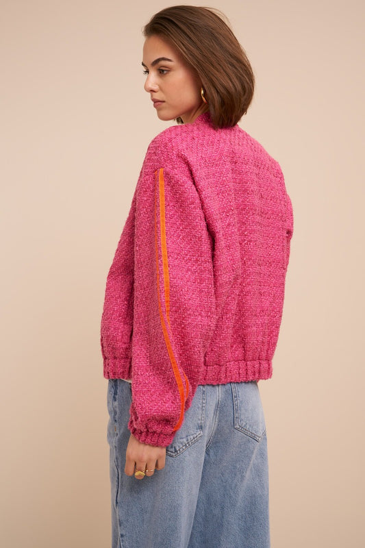 Pinke Bouclé-Bomberjacke mit Streifen