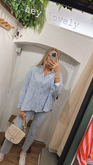 Musselin Bluse oversize Schleifen blau