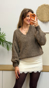 Kuscheliger V-Ausschnitt Strickpullover mit Kid Mohair