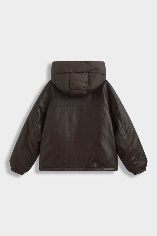 Leather Look Puffer Jacket – Chocolate Brown
