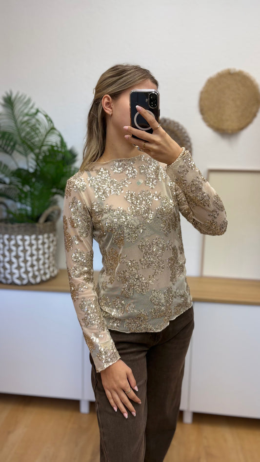 Pailletten Longsleeve mit Blumenmuster