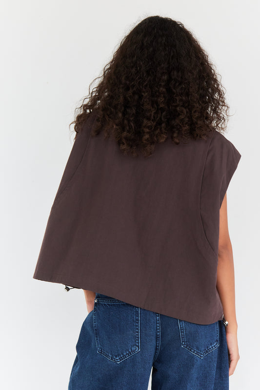 Oversized Weste mit Stehkragen in Dunkelbraun